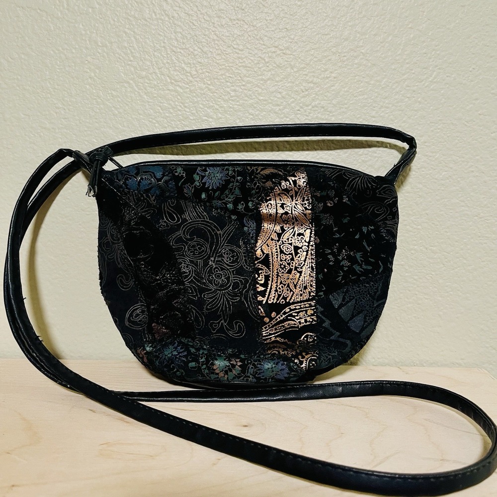 Vintage Patchwork Mini Purse Crossbody Velvet Black Whimsy Dark Metallic Boho